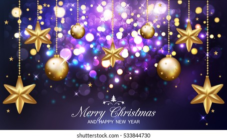 Christmas Dark Purple Background With Abstract Bokeh Lights, Christmas Golden Balls and Stars. Vector illustration