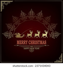 Christmas dark red background with silhouette of Santa Claus riding deer.