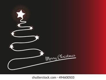 Christmas dark red background with simple tree silhouette and shiny stars. Original Christmas card wishing Merry Christmas.