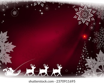 Christmas dark red composition with Santa Claus on a sleigh with deers and magnificent snowflakes.