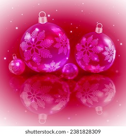 Diseño navideño rojo oscuro con un conjunto de bolas brillantes de Navidad con copos de nieve.