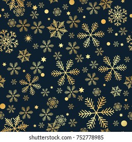 Christmas dark seamless pattern with gold vintage snowflakes and stars and balls (vector)