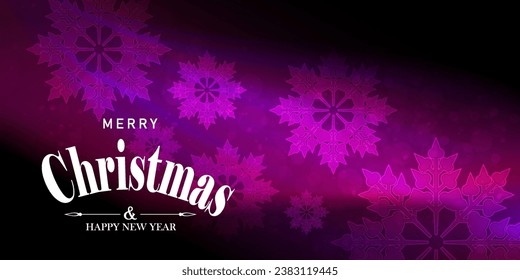 Christmas dark violet background with glitter and silhouette of red elegant snowflakes.