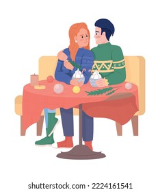 Christmas date with hot drinks for couple semi flat color vector characters. Editable figures. Full body people on white. Simple cartoon style illustration for web graphic design and animation