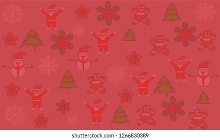 Christmas day background has Christmas tree santa claus santa cookies snow man and snow flake.