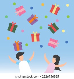 Christmas day background vector joyful lovely couple or kids with rain gift box and kid girl and boy celebration shopping online love banner decoration christmas day online shop design Illustration.