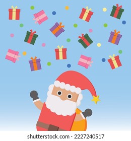 Vector de fondo navideño alegre lluvia adorable de caja de regalo y santa claus compras en línea decoración de banner de amor para el diseño de tienda en línea de navidad. Ilustración de la caja de regalo de navidad santa claus.