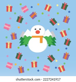 Christmas day background vector joyful lovely group of gift box , snow man and christmas tree shopping online banner decoration for christmas day.Christmas background snowman gift box illustration.