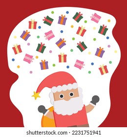 Vector de fondo de Navidad alegre lluvia adorable de caja de regalo y santa claus compras en línea decoración de banner de amor para el día de la navidad tienda en línea venta ilustración promocional santa día de Navidad.