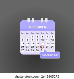 Christmas Day Calendar Date. Holiday Date, Shopping Day. Flat Calendar Vector Illustration