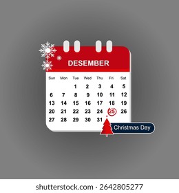 Christmas Day Calendar Date. Holiday Date, Shopping Day. Flat Calendar Vector Illustration