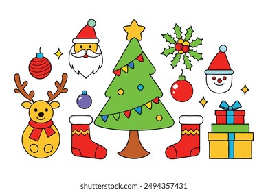 Christmas Day Cartoon Elements Vector Art Bundle - Festive Illustration Set on White Background