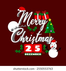 Christmas Day to celebrate on December 25th. Calligraphic text with icons of gifts, Christmas tree, Santa hat, full moon and snowman on dark red background. Merry Christmas Holidays