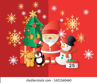 CHRISTMAS DAY CONCEPT , CUTE SANTA CLAUS ,SNOW MAN , PENGUIN AND CHRISTMAS THREE  ON RED BACKGROUND AND GOLD SNOWFLAKE FOR GREETING CARD TEMPLATE VECTOR, CHRISTMAS BACKGROUND, ILLUSTRATION. 