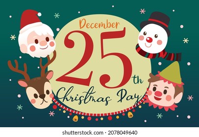 Christmas Day With Cute Christmas Character Head Shot, Vector, Illustration