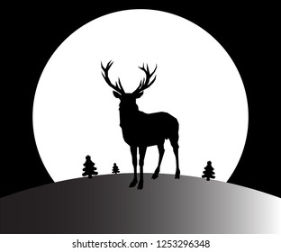 Christmas day and deer stand on the mountain black color background