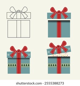 Christmas Day gift box set with ribbon and pine tree  for present  surprise box