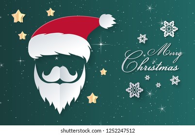 Christmas Day. Green background, Santa Claus paper cut out hat, mustache and beard of Santa Claus.Text is merry christmas. Origami paper art and digital craft style. Vector illustration.