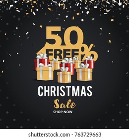 Christmas day and Happy New Year discount sale vector illustration banner. 50% off Christmas Day sale shopping cart design.