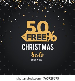 Christmas day and Happy New Year discount sale vector illustration banner. 50% off Christmas Day sale shopping cart design.