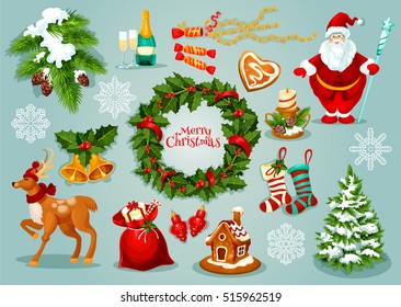 Ícone de celebração do feriado do dia de Natal definido com coroa de azevinho de Natal, Papai Noel, caixa de presente no saco, doces, floco de neve, pinheiro, sino, meia meia, bugiganga, vela, casa de gengibre, cervo e champanhe