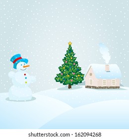 Christmas day with house and snowman