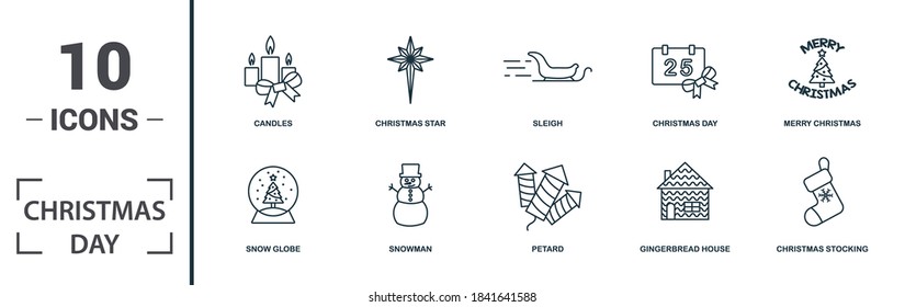 Christmas Day icon set. Collection of simple elements such as the bell, snowflake, snow globe, snowman. Christmas Day theme signs.