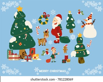 Christmas Day icon set with christmas tree, Santa Claus, gift box under the tree, xmas holly wreath, candy bar, snowman, snowflake, brown reindeer, gingerbread man, Elf, stocking sock.