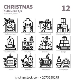Christmas Day icons set, Detailed Outline, vector and illustration set 1