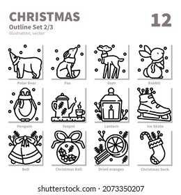 Christmas Day icons set, Detailed Outline, vector and illustration set 2