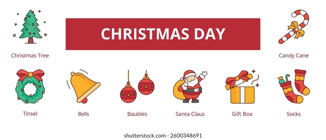 Christmas Day Lineal Color Banner Web Icon Set Vector Illustration