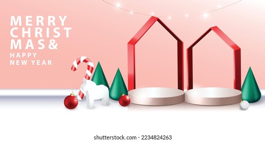 Christmas day and New Year festival background with heartwarming ornaments candy cane, pine, horse, podium, etc. Shopping days promotion advertising. Holiday banner. Vector illustration.