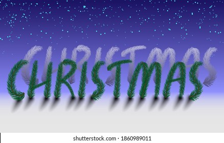 Christmas day on December 25. Vector graphics, illustration, of spruce branches laid out the word Christmas with a reflection on a blue background and shadows on white.