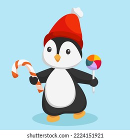 Christmas Day Penguin with Lollipop Character Design Illustration