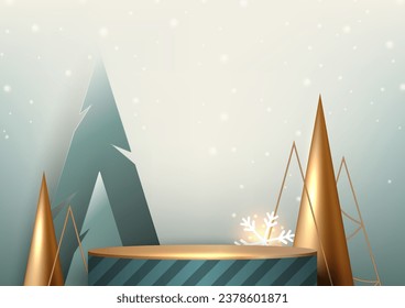 Christmas day product display concept. Stage podium with tree shape, snowflake. Vector illustration.