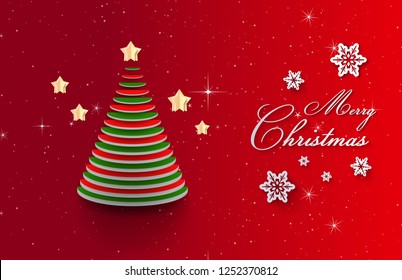 Christmas Day. Red background, Christmas tree paper cut out hat, Christmas tree Text is merry Christmas. Origami paper art and digital craft style. Vector illustration