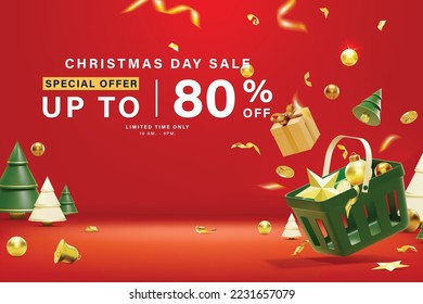 Christmas day sale and Happy New Year  background. 3d Realistic background with shopping cart, candy cane, bell, gift, light and Christmas tree.