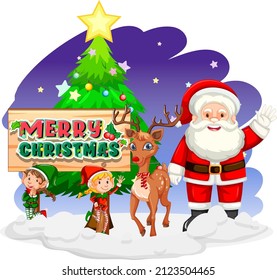 Christmas day with Santa Claus with elves and a reindeer illustration