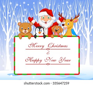 Christmas day Santa and friend with blank sign