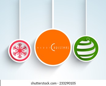 Christmas Day sticker, tag or label decorated with snowflake, X-mas ball and stylish text on blue background.   