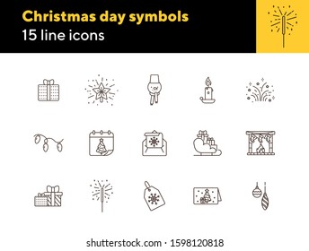 Christmas day symbols thin line icon set. Star, baubles, letter sign pack. Winter holidays concept. Vector illustration symbol elements for web design and apps