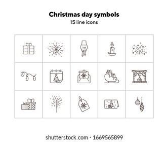 Christmas day symbols thin line icon set. Star, baubles, letter sign pack. Winter holidays concept. Vector illustration symbol elements for web design and apps