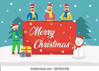 Christmas day vector concept: Children showing merry christmas text banner together at the park