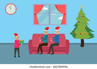 Christmas day vector concept: Grandson giving presents to grandparents while sitting on the sofa
