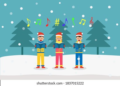 Christmas day vector concept: Group of choir singing christmas carols together while holding songbook