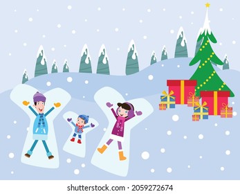 Christmas day vector concept. Happy family wearing knitted clothes while lying on the snow and making snow angel at the park