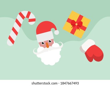 Christmas day vector concept: Head of santa claus with present and candy in christmas background