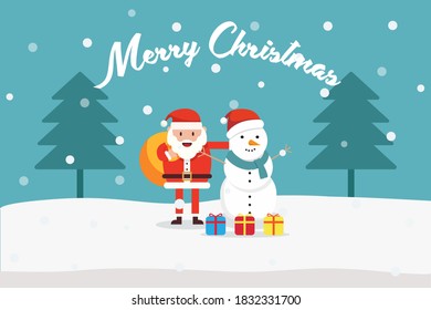Christmas day vector concept: Santa claus and snowman standing together with word of merry christmas