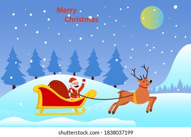 Christmas day vector concept: Santa claus rides on the sleigh with reindeer while carrying a sack of presents