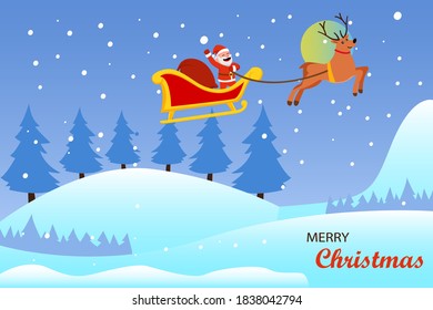 Christmas day vector concept: Santa claus delivering sack of presents while riding on the sleigh